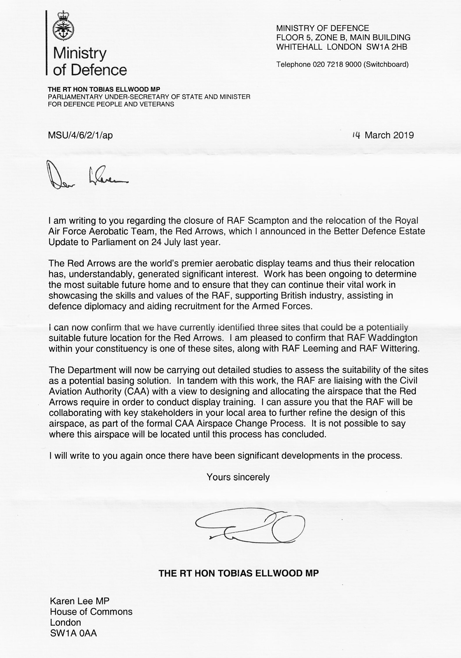 Letter from Tobias Ellwood MP on relocation of the Red Arrows 140319 SOURCE Tobias Ellwood
