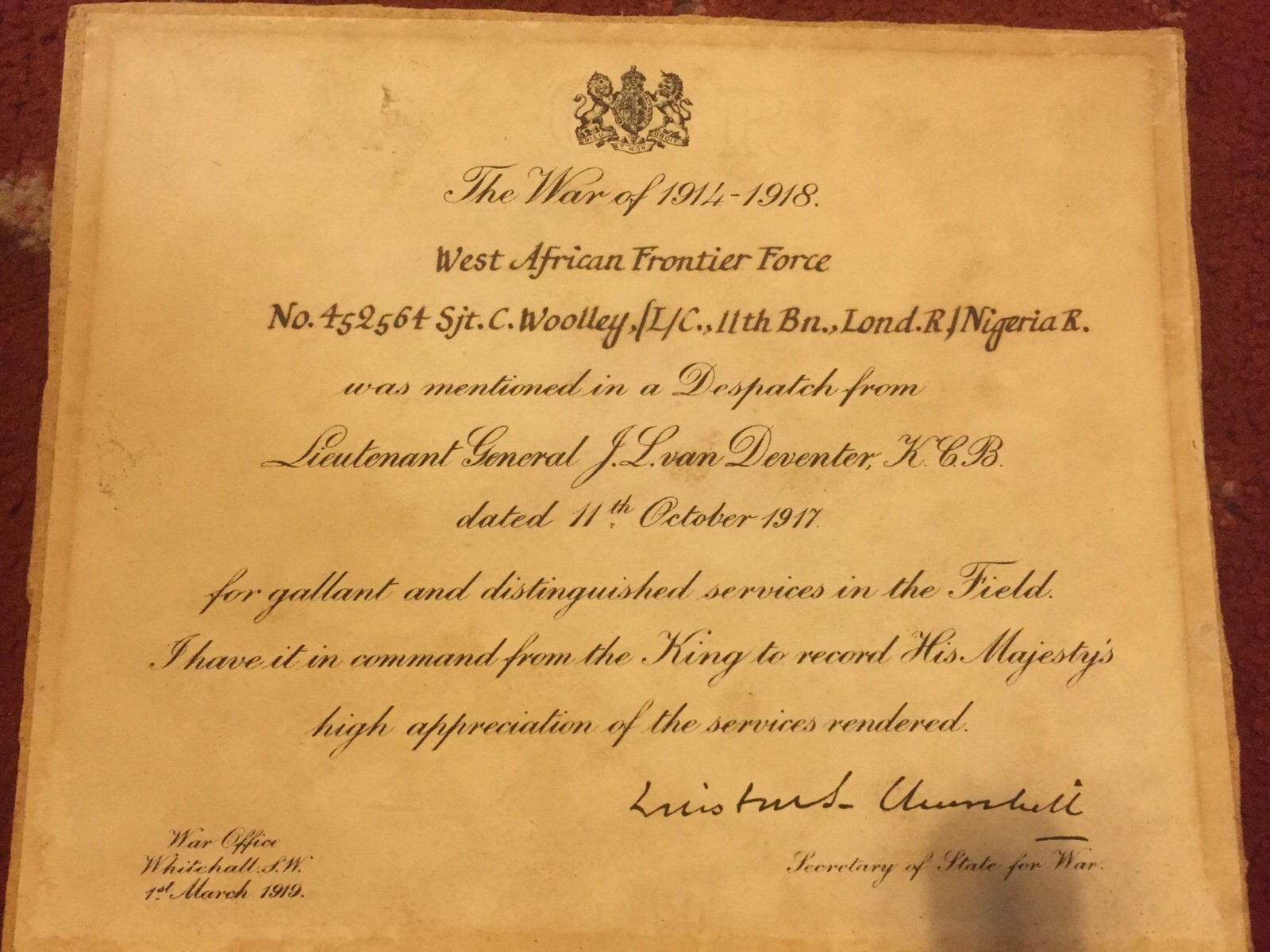 A copy of the certificate signed by Sir Winston Churchill to show Sgt Woolley was mentioned in a Despatch (Picture: Joshua Whitehead).