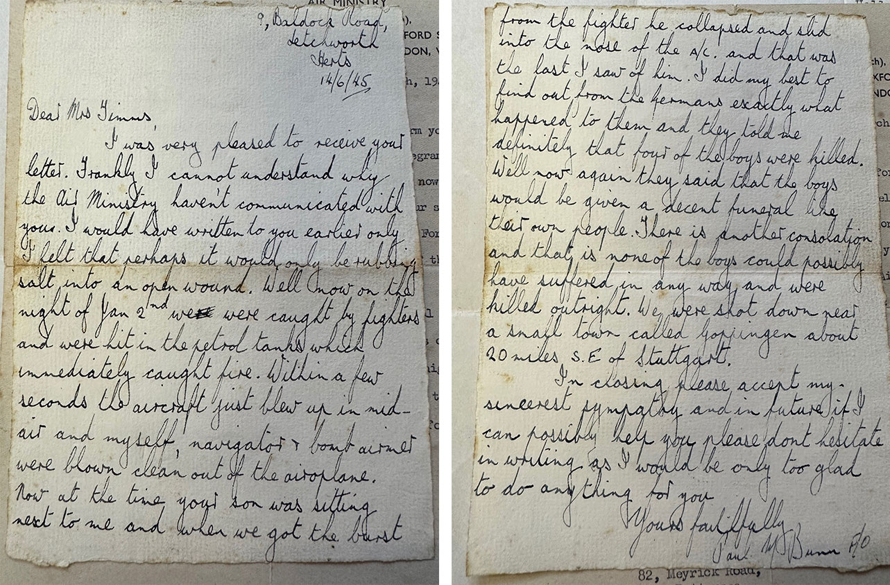 Letter to Mrs Timms from FO Bunns during WW2 CREDIT Charterhouse Auctioneers & Valuers