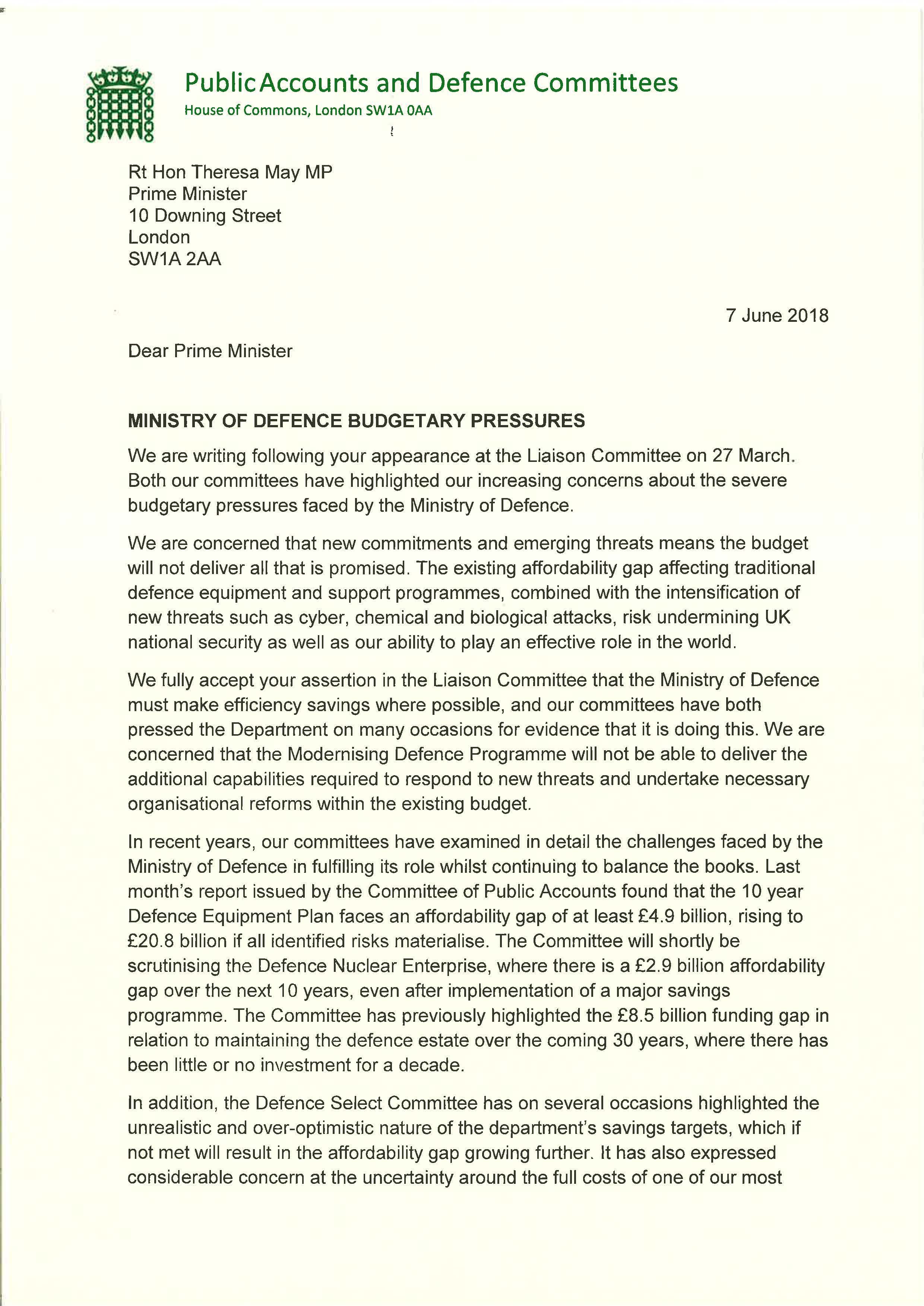 DEFENCE BUDGET: Chairs of Public Accounts and Defence Committees write to Prime Minister