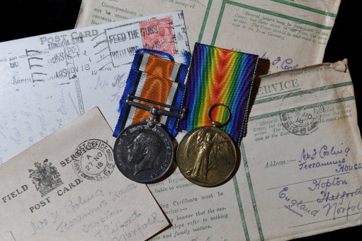 Letters, postcards and medals belonging to Bombardier Frank Cooling from Suffolk (Picture: PA).