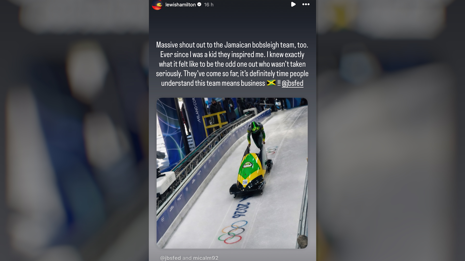 Lewis Hamilton's social media shout out to Mica Moore and Jamaican bobsleiogh team CREDIT Instagram Screenshot DATE 16022026.jpg