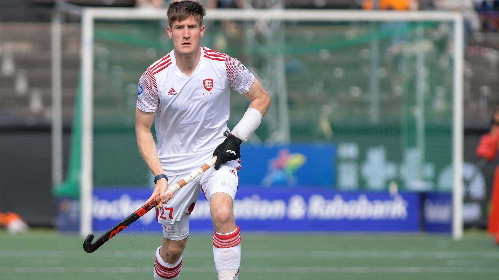 Liam Sanford of England during the Euro Hockey Championships Men match between England and Belgium at Wagener Stadion