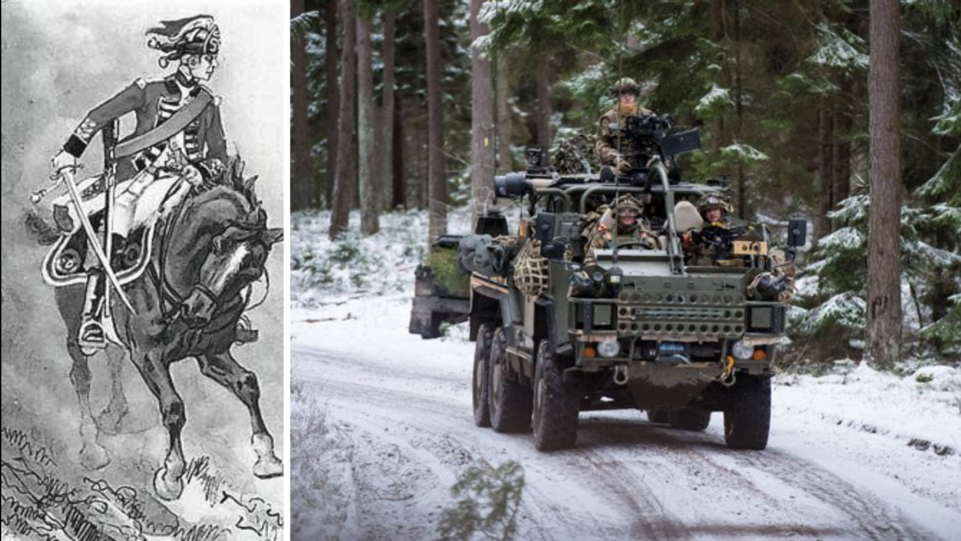 Light Dragoons - Left A 5th Dragoon trooper in a 1960s trade card illustration - right CREDIT MOD