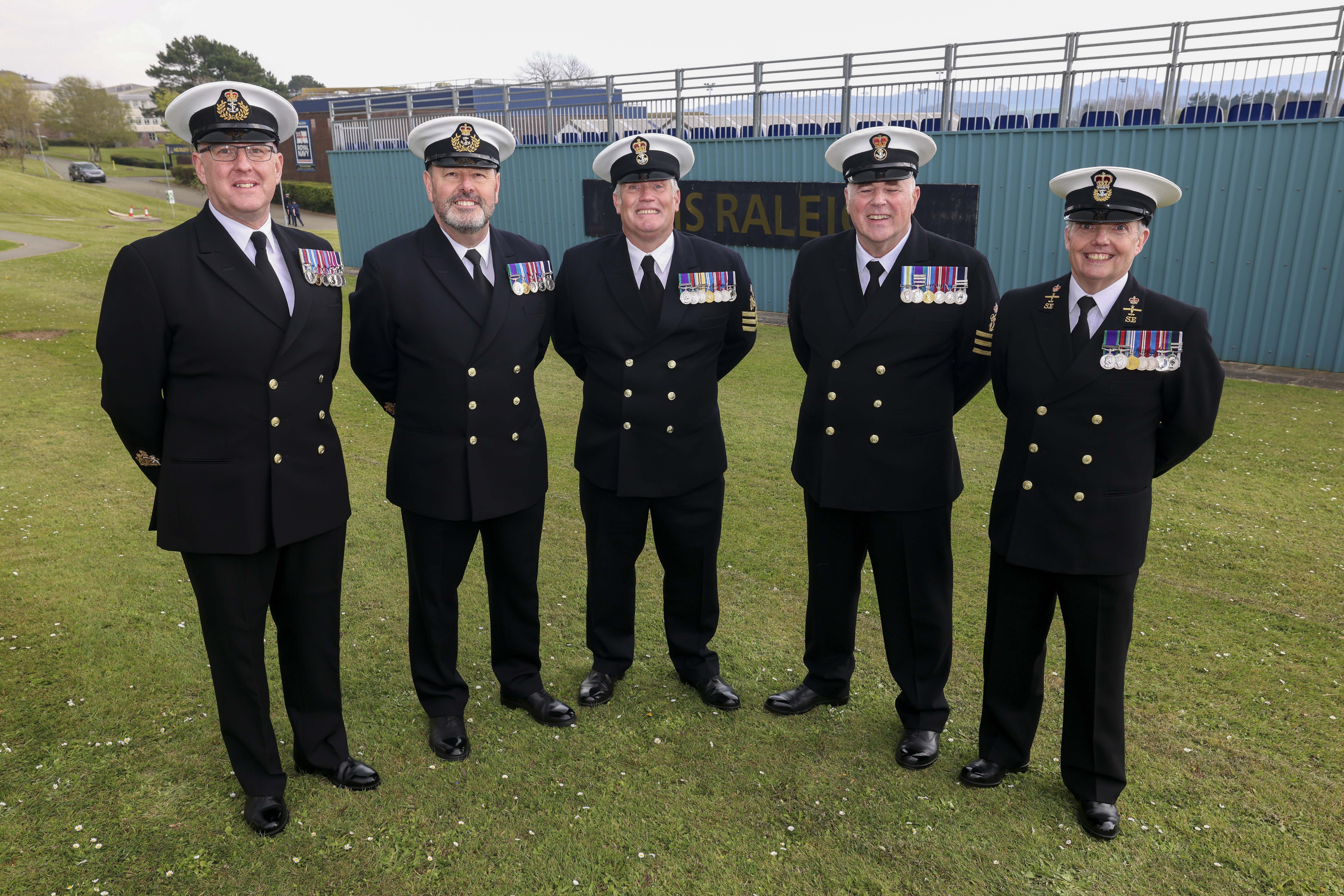 Long service award recipients at HMS Raleigh, WO1 Justin Newbury, WO1 Ian Bailey, and PO Stuart Donaldso (Picture: Royal Navy).