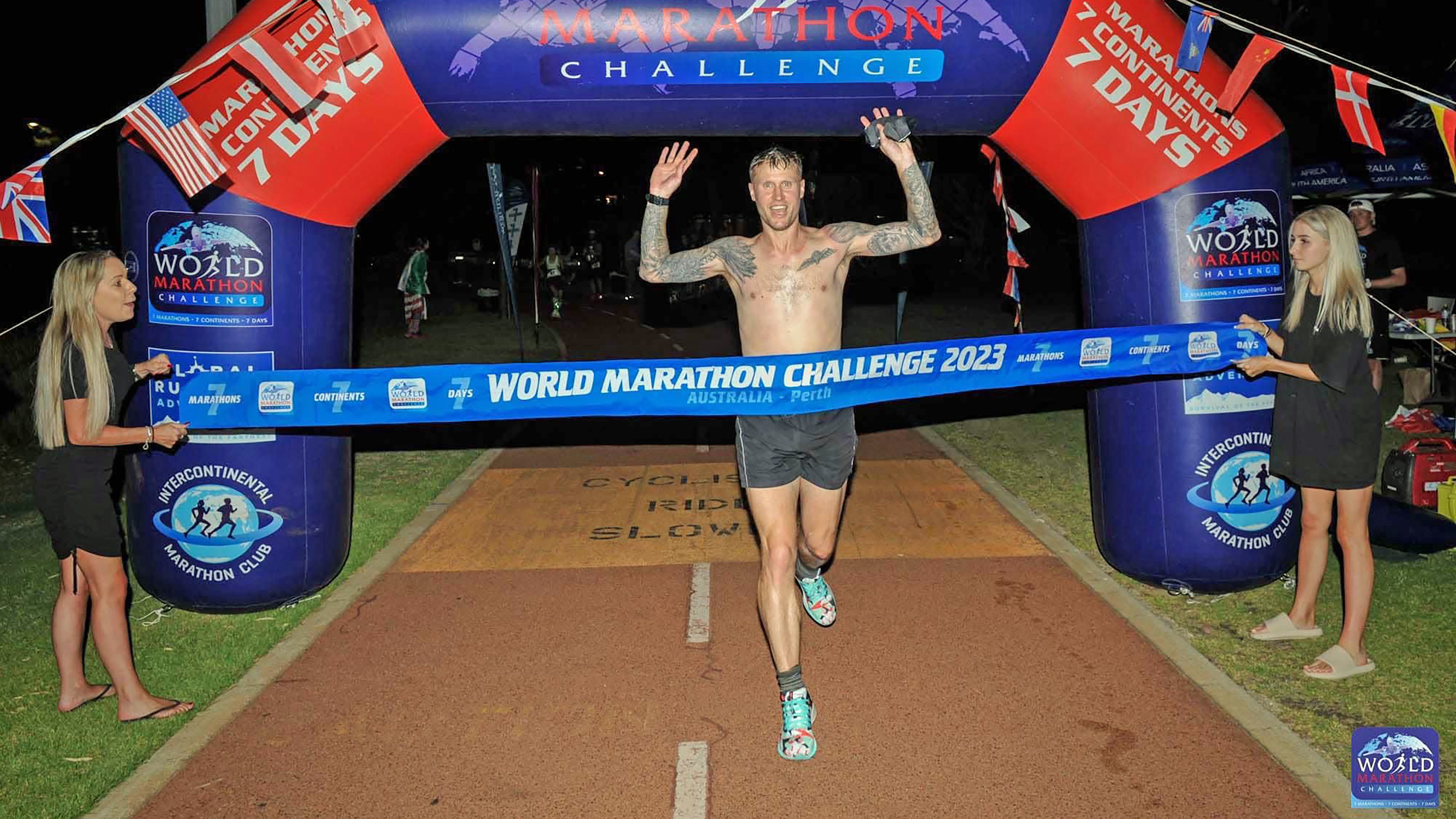 Luke Wigman crossing the finishing line in Perth, one of seven marathons he completed in just a week five 11022023 CREDIT PA, World Marathon Challenge