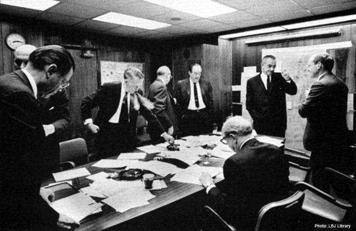 Lyndon B. Johnson in the White House Situation Room with McNamara Sec of Defense