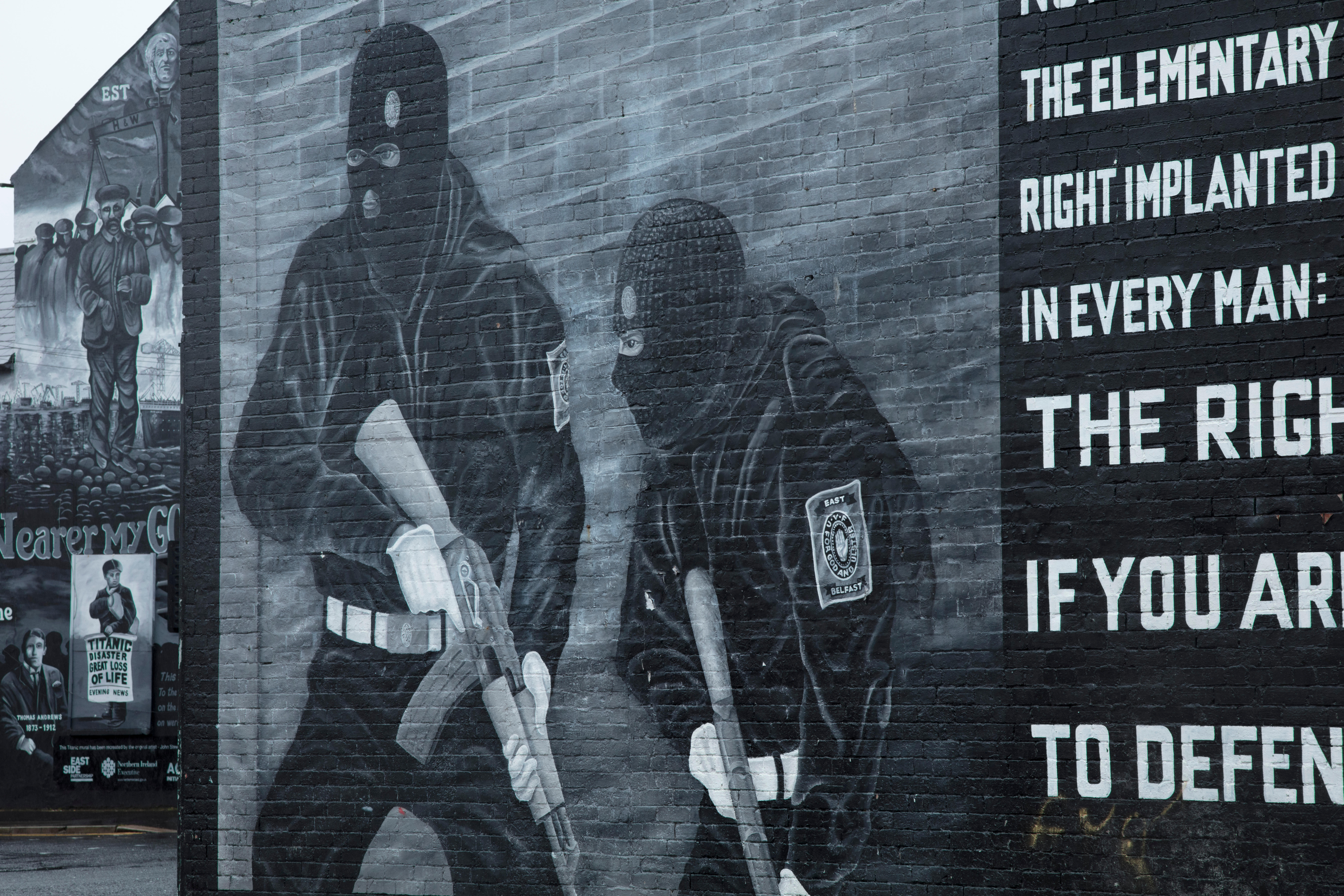 Loyalist murals commemorating The Troubles, Newtownards Road, Belfast, Country Antrim, Northern Ireland.