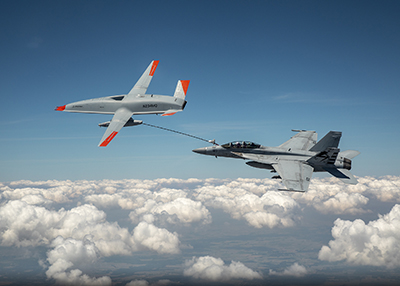 MQ-25 refueling a US Navy FA 18 Super Hornet, the first time an unmanned aircraft has refueled another aircraft