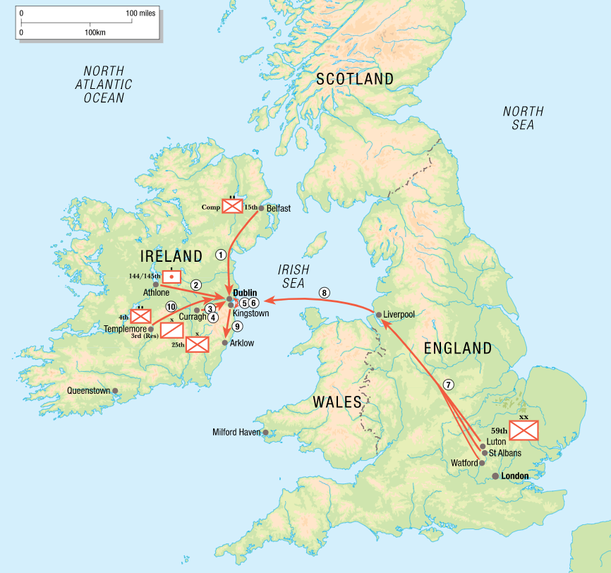 Map of The route taken over to Ireland by British reinforcements during the 1916 Easter Rising