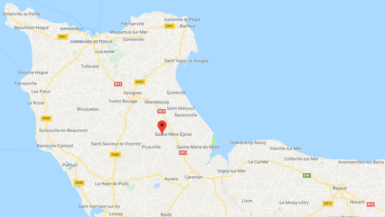 A map of the Contentin peninsula, part of Normandy, with an arrow over La Fiere (image: Google)