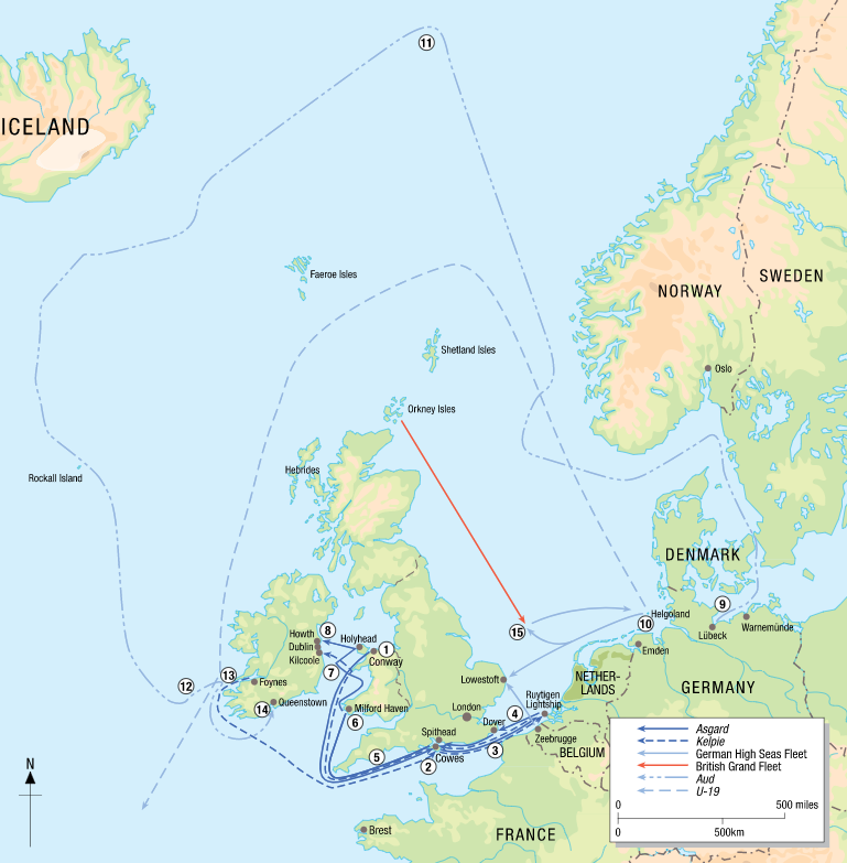 Map of arms shipment routes to Ireland before the Easter Rising of 1916