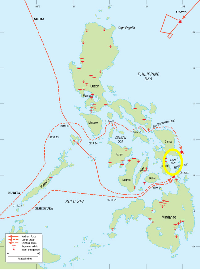 Map of battle of Layte Gulf showing Japanese attack routes