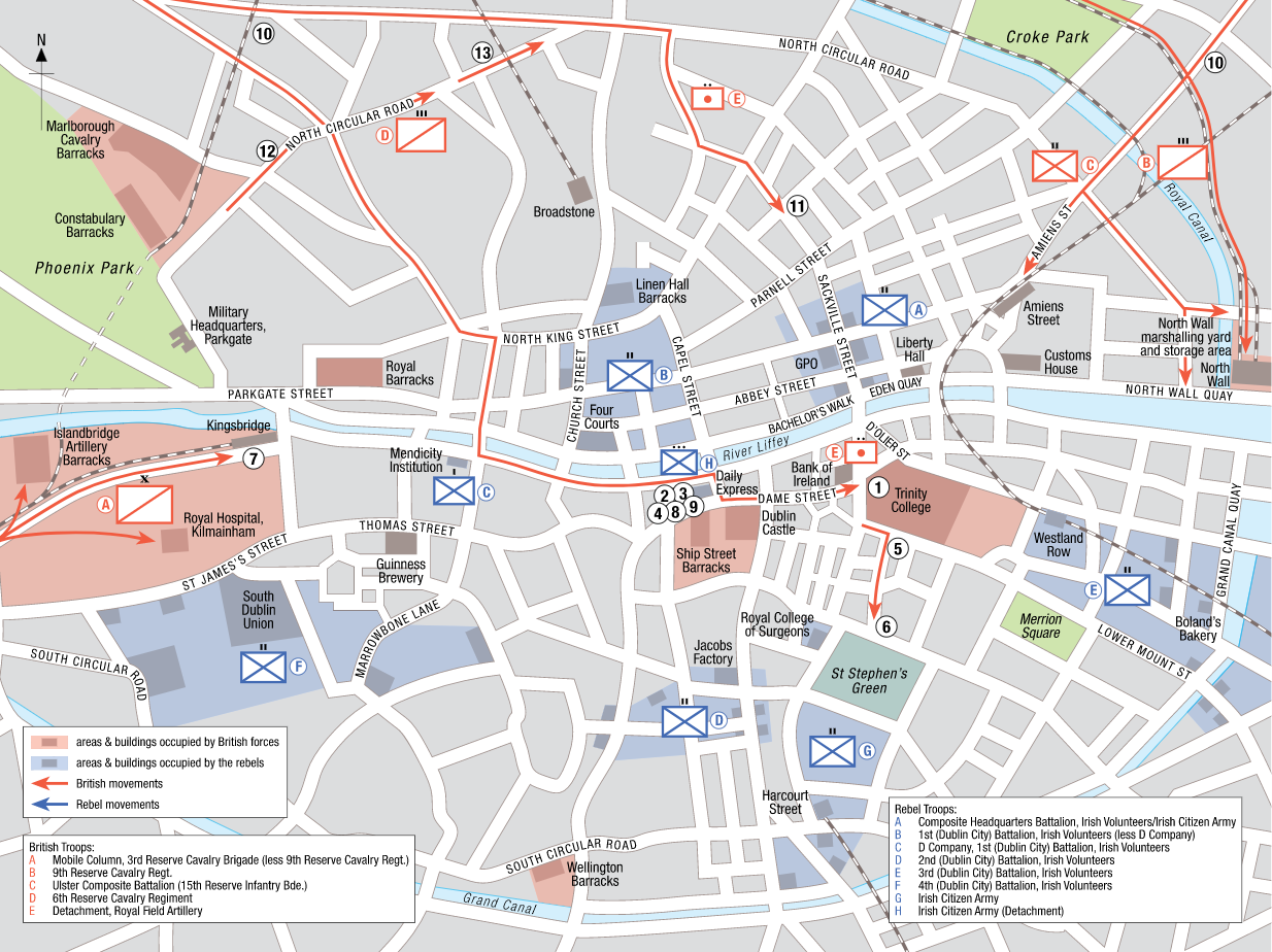 Map of movements at the end of the 1916 Easter Rising in Dublin