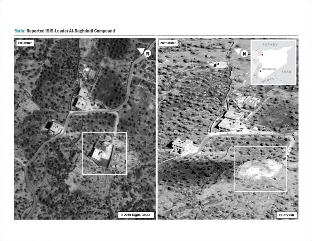 Map showing Abu Bakr al-Baghdadi's compound before and after the raid