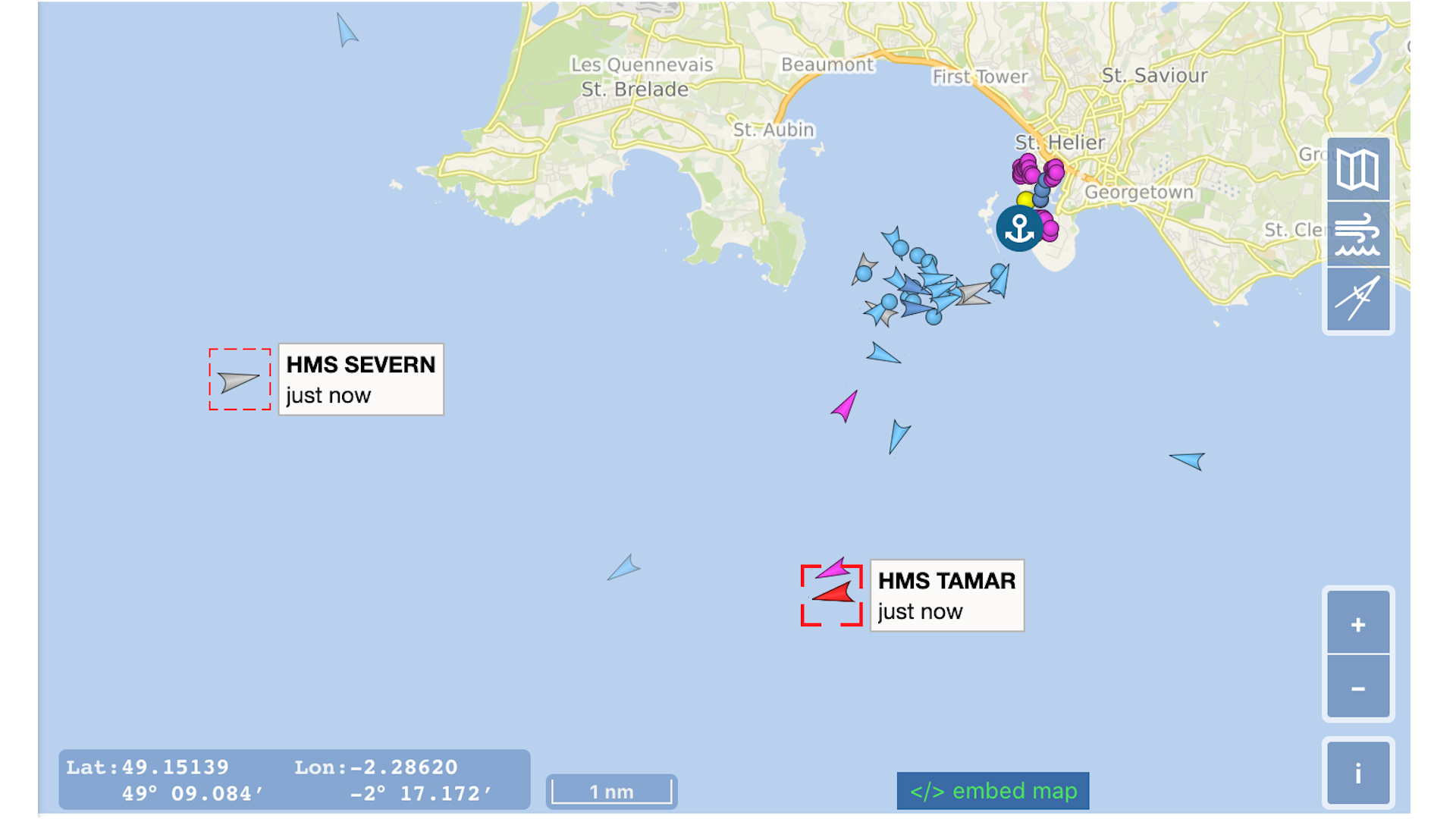 Map showing HMS Severn and HMS Tamar off Jersey