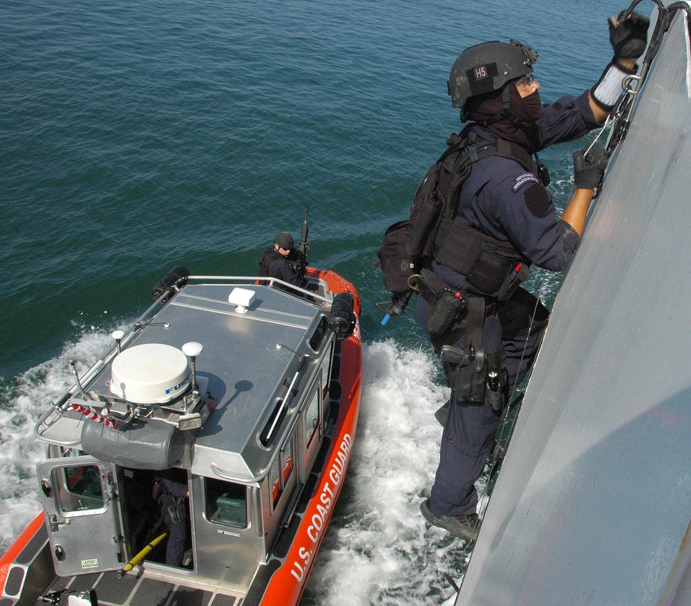 A member of a Maritime Security Response Team boards a training vessel (Picture: US Department of Defense).