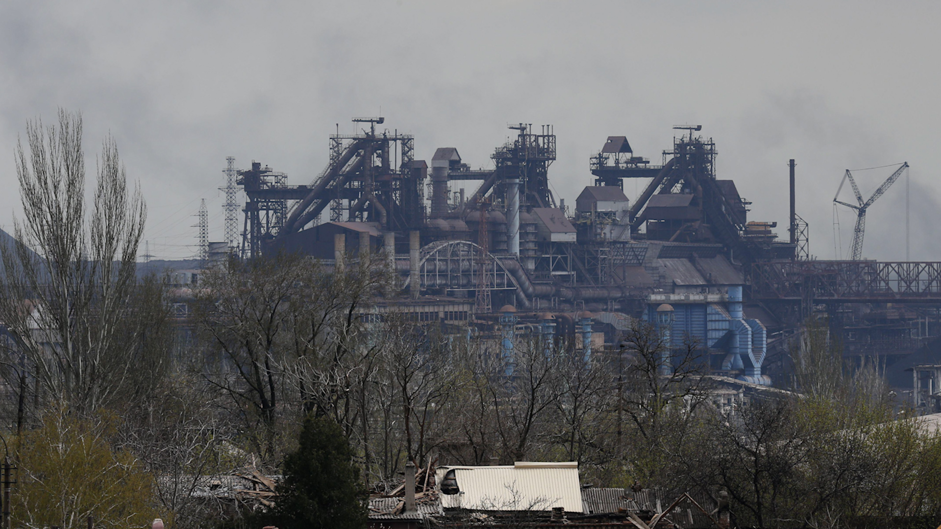 Photo taken on April 22, 2022 shows a view of the Azovstal plant in the port city of Mariupol