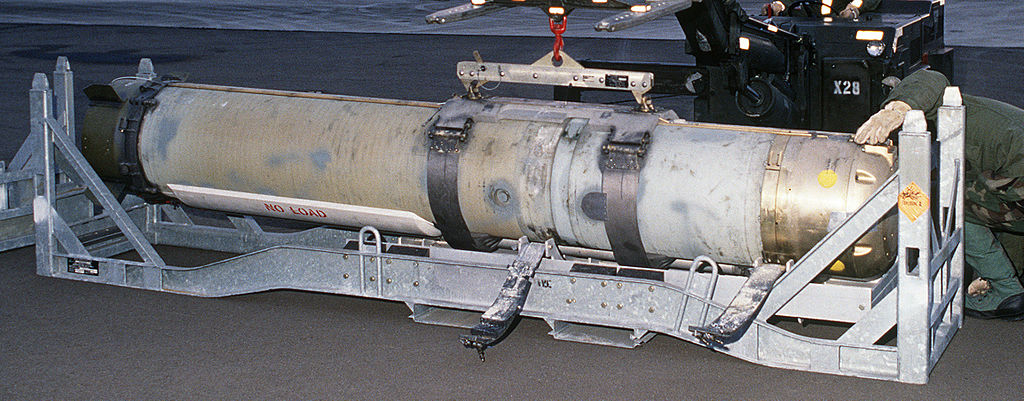 Mark 60 CAPTOR encapsulated torpedo anti-submarine mine at Loring AFB, Maine, US Wikipedia-Public Domain