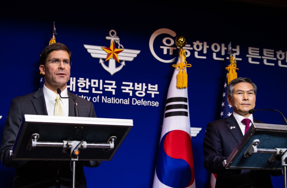 Mark Esper and Jeong Kyeong-doo during a press briefing in Seoul