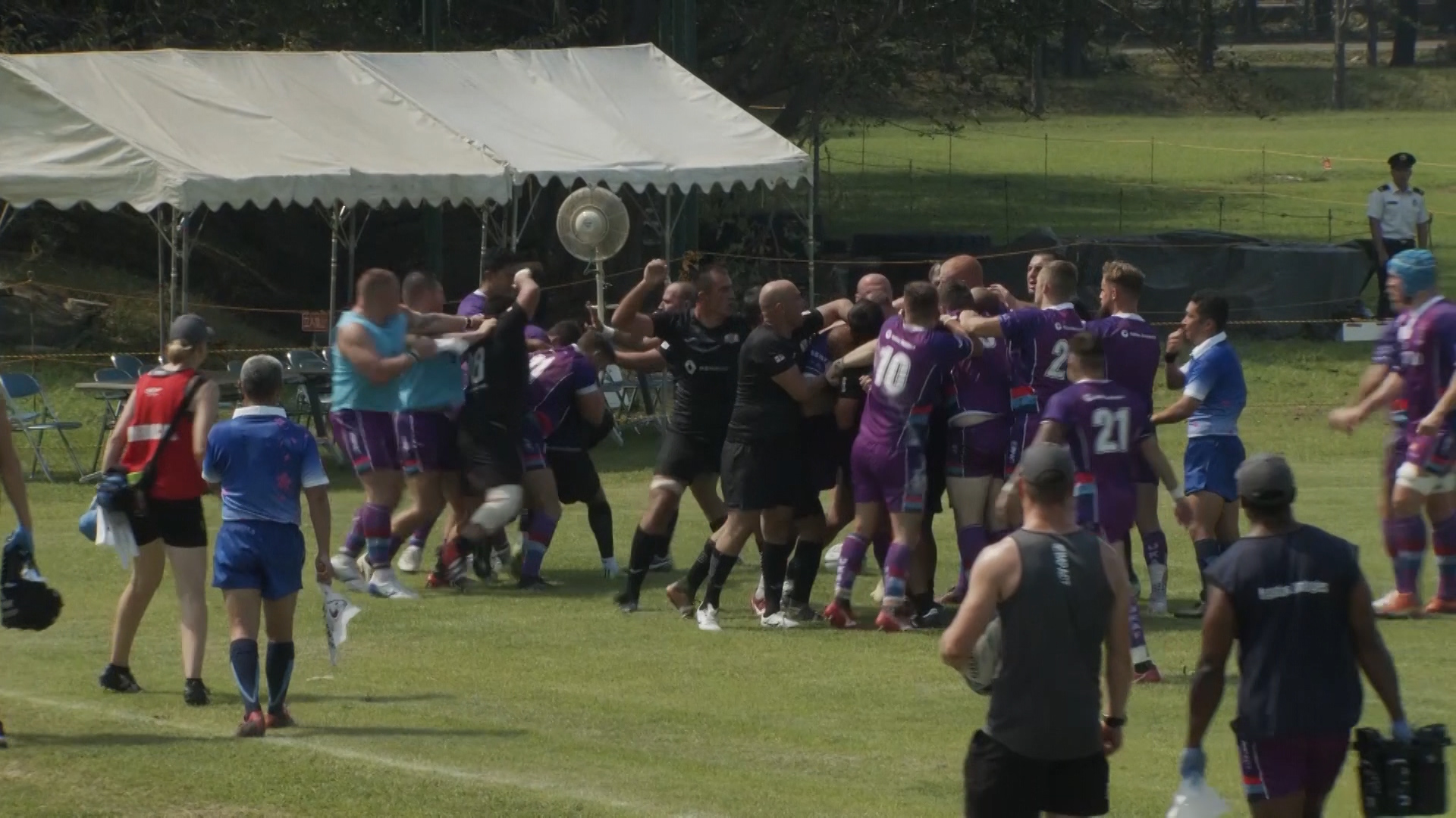 UKAF scrum-half Morgan Evans was taken to hospital following the brawl between the two sides.