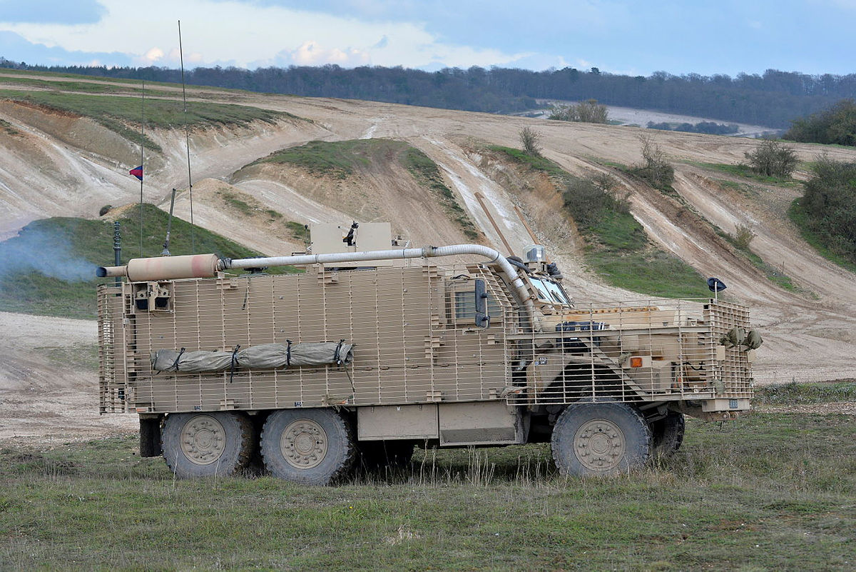 side on view of a British Army vehicle the six-wheeled Mastiff