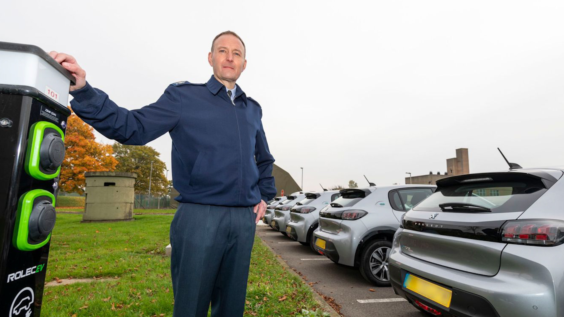 Mechanical Transport Officer at RAF Leeming, Warrant Officer Russ Sanders, with electric cars 241120 CREDIT RAF
