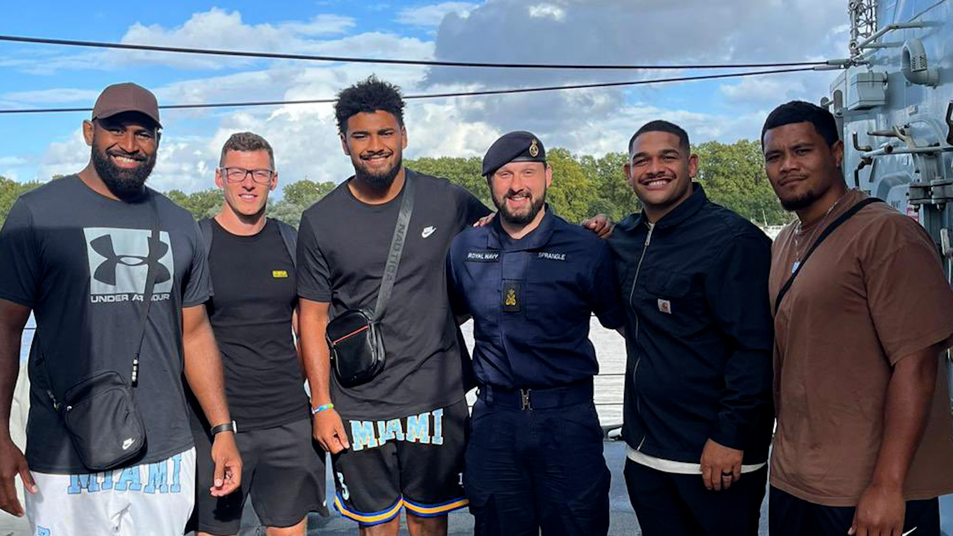 Members of Fiji rugby world cup squad on HMS Iron Duke with Sam Matavesi second from right 220923 CREDIT SAM MATAVESI.jpg