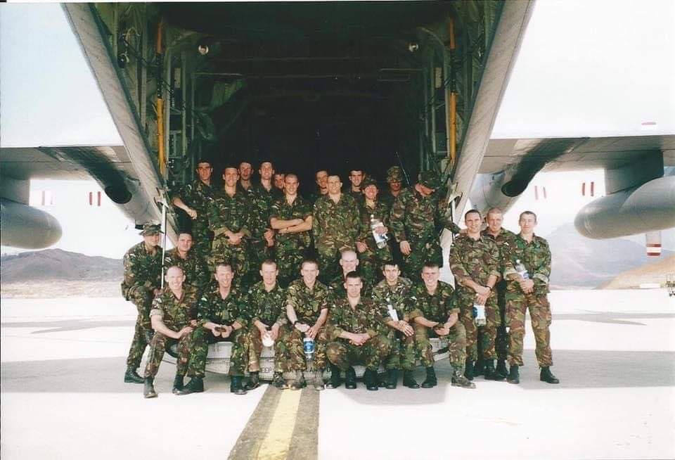 Members of II Squadron RAF Regiment at the back of a C-130 Hercules aircraft during Operation Silkman