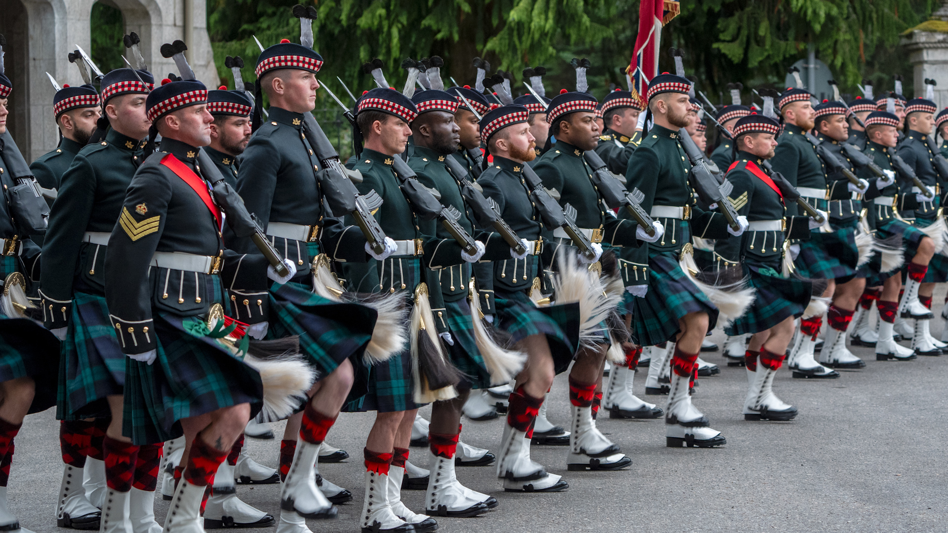 Members of The Balaklava Company, 5th Battalion, The Royal Regiment of Scotland, before their inspection by King Charles III at the gates of Balmoral 190824 CREDIT PA