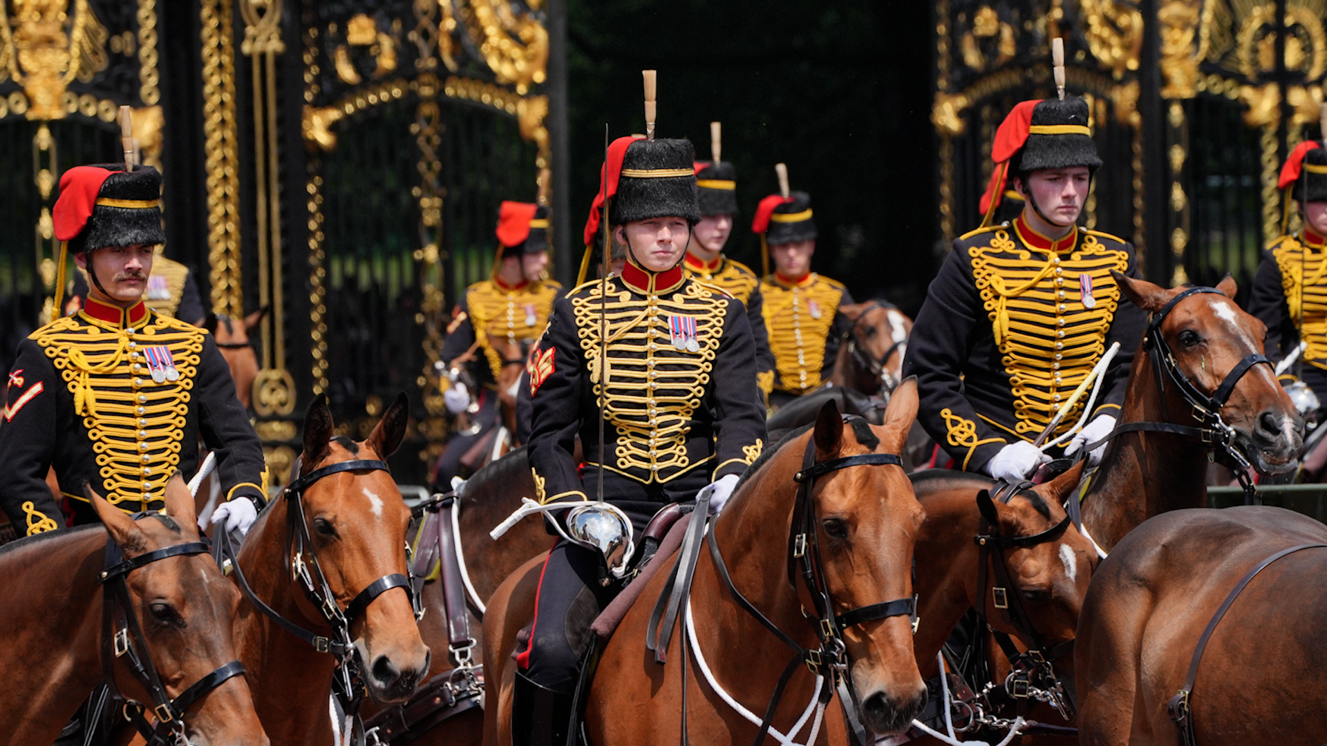 Members of the Band of Royal Horse Artillery outside Buckingham Palace during Japan state visit 25062024 CREDIT PA