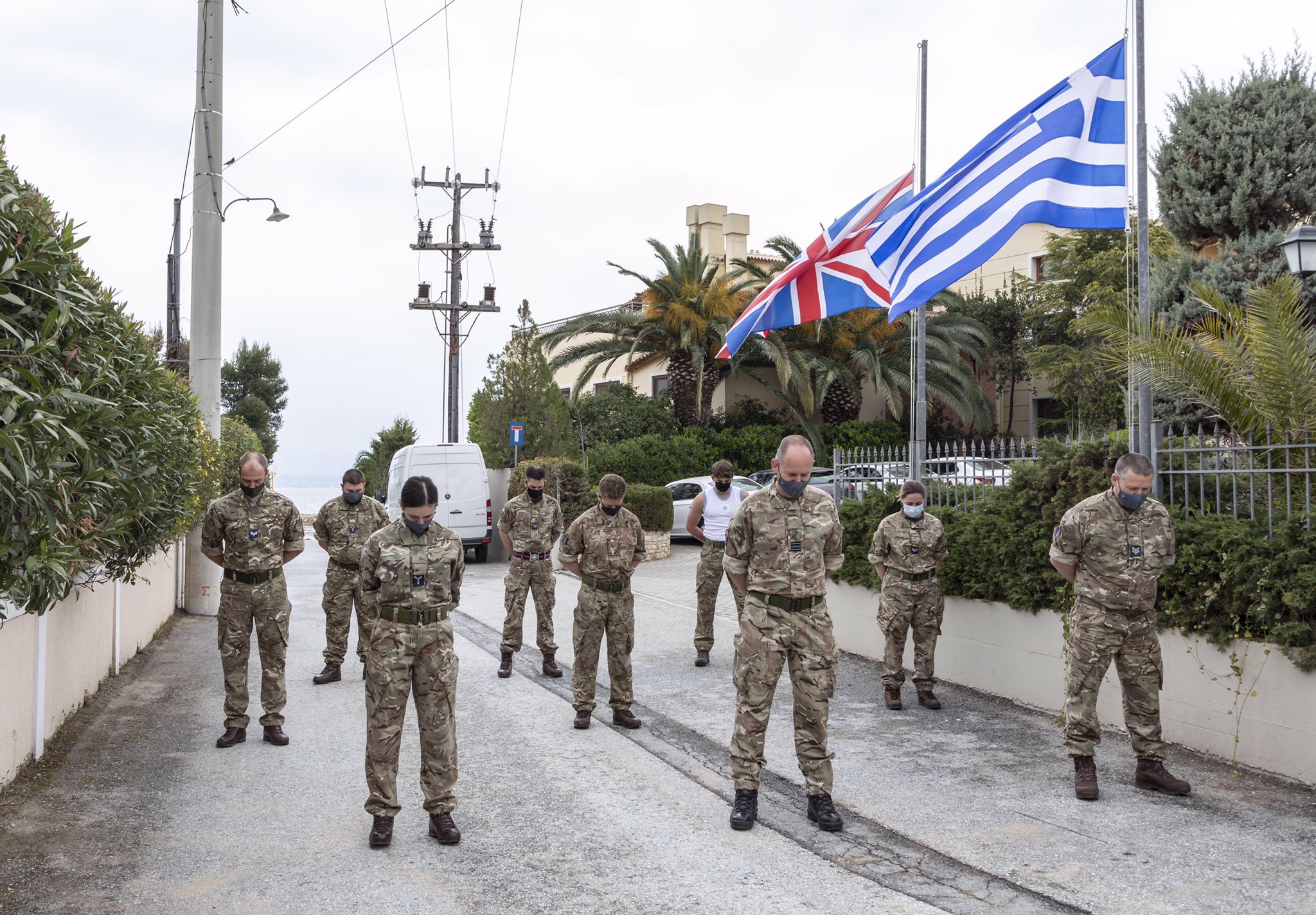 Members of the Red Arrows team in Greece observed a one-minute silence to pay respects to His Royal Highness The Duke of Edinburgh on Saturday (Picture: Twitter/@rafredarrows).