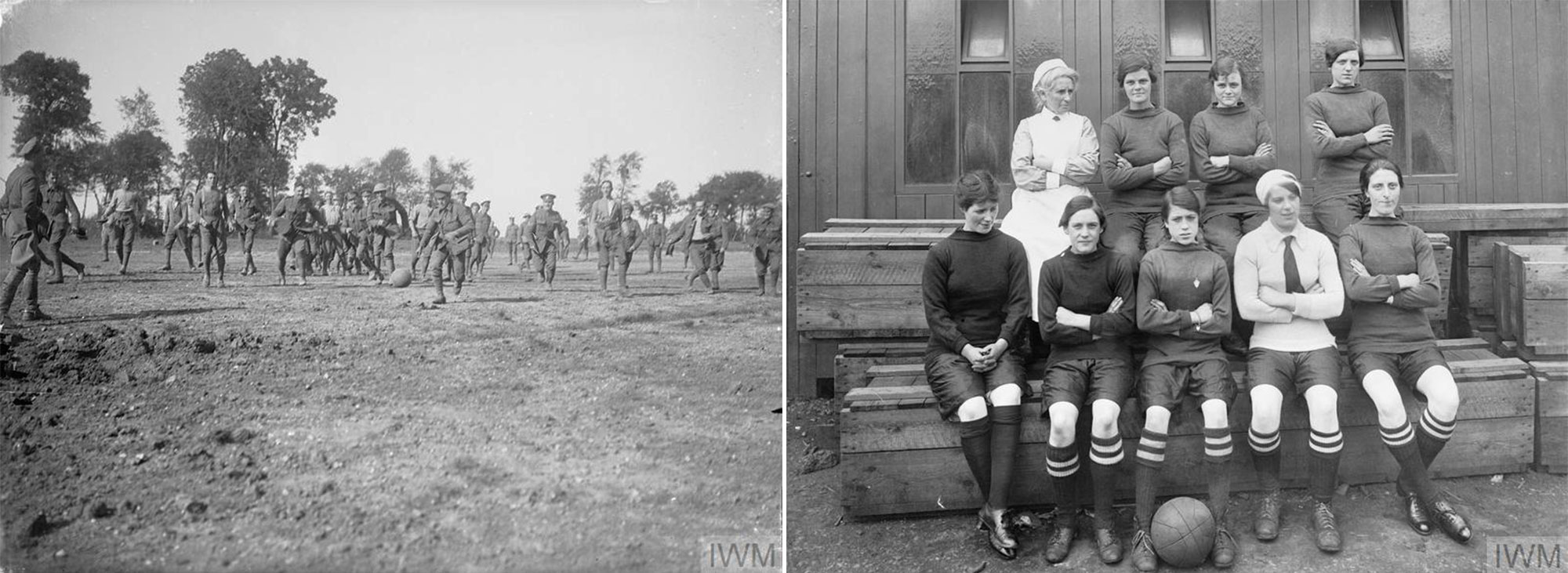 1st Battalion Wiltshire Regiment playing football Bouzincourt September 1916 © IWM (Q 1108) and female football team of Palmers Shipbuilding Company Limited Hebburn-on-Tyne "Palmers Munitionettes" © IWM (Q 110074)