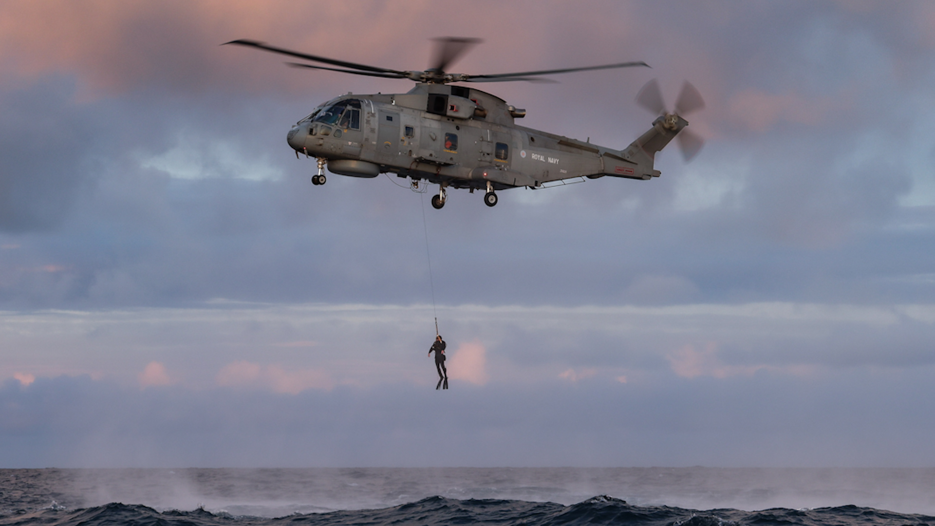 Merlin Mk2 of 820 Squadron carries out winching exercises at sea