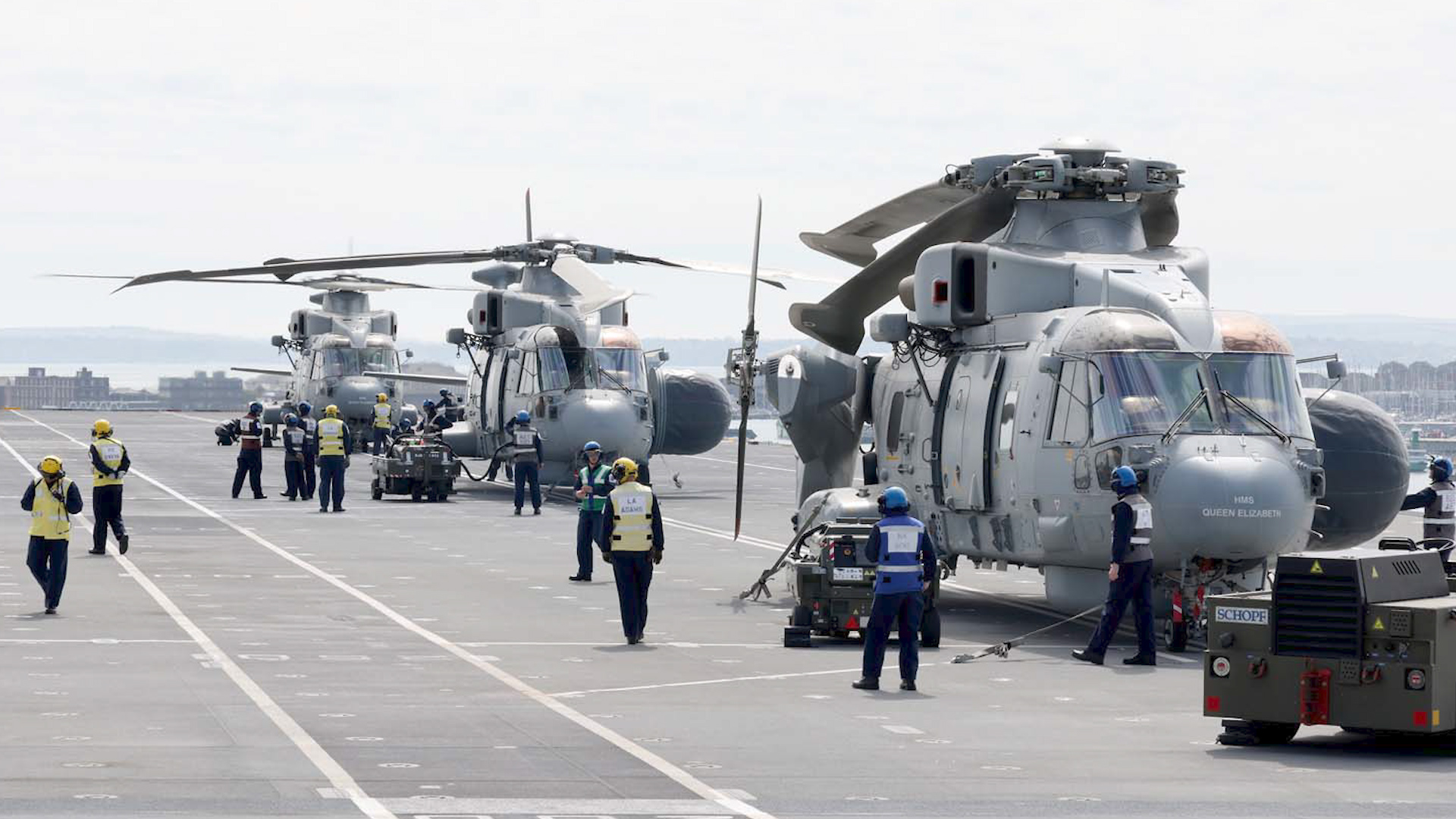 Merlin helicopters on HMS queen elizabeth deck ahead of her maiden deployment 270421 CREDIT Royal Navy