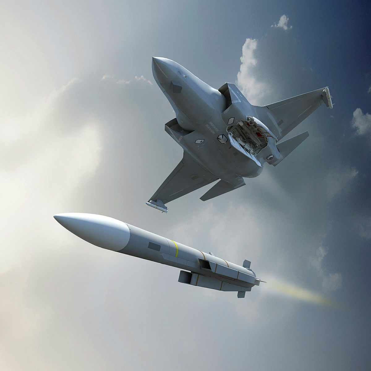 An illustration of a Meteor missile being fired from an RAF F-35B