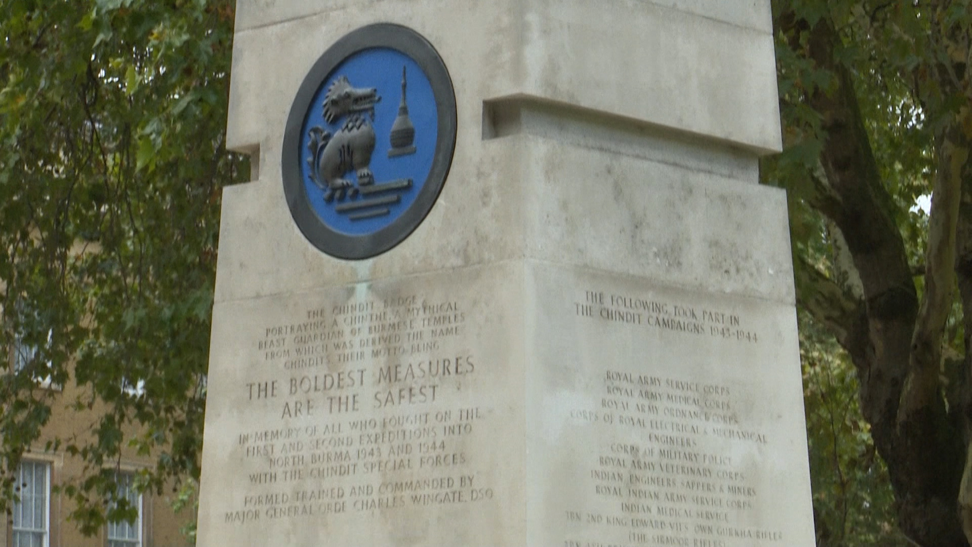 The memorial was unveiled in 1990 and features the blue enamel crest of the Chindits Association on the front plinth.