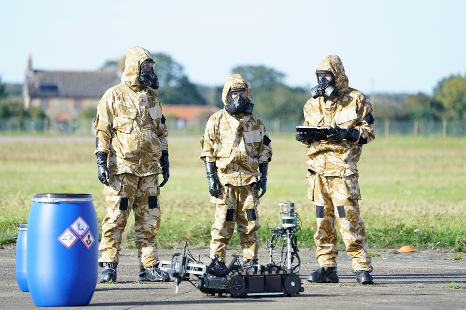 Military users from 27 Squadron RAF Regiment with the Merlin robot, used to detect and report dangerous chemicals over large areas 
