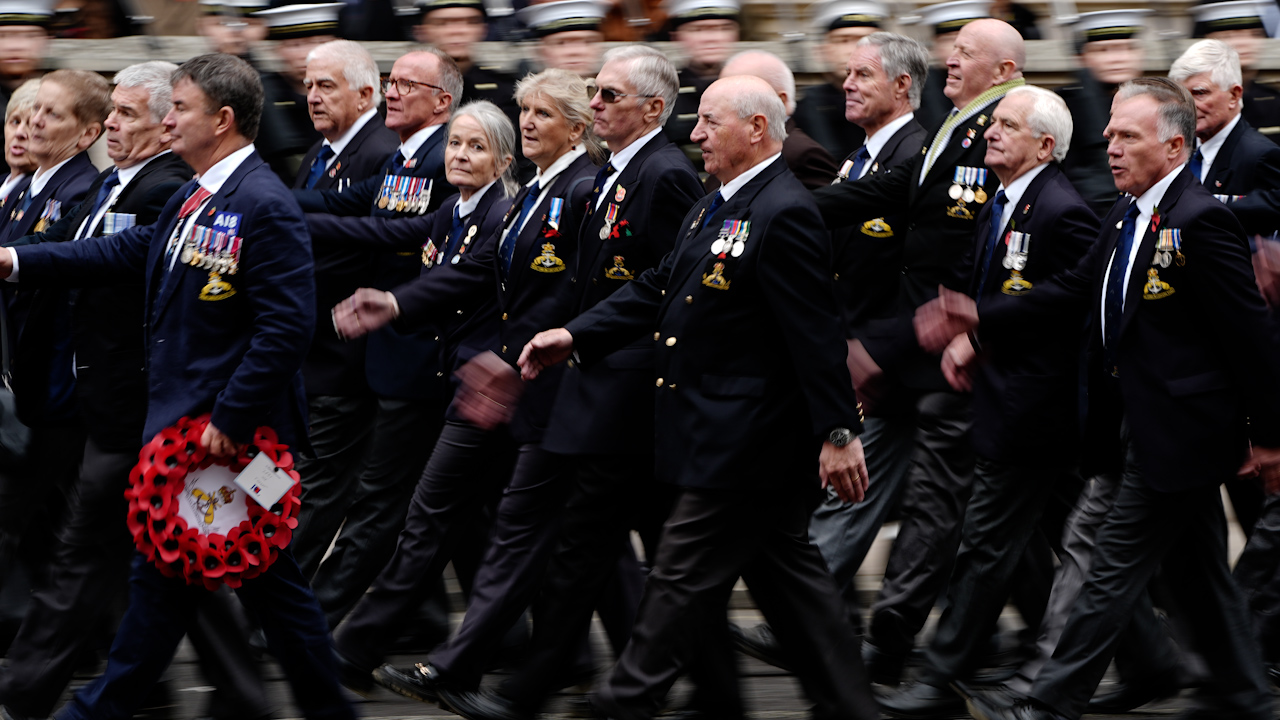Over 10,000 veterans marched through London during Remembrance Sunday, in a service led by King Charles (Picture: PA)