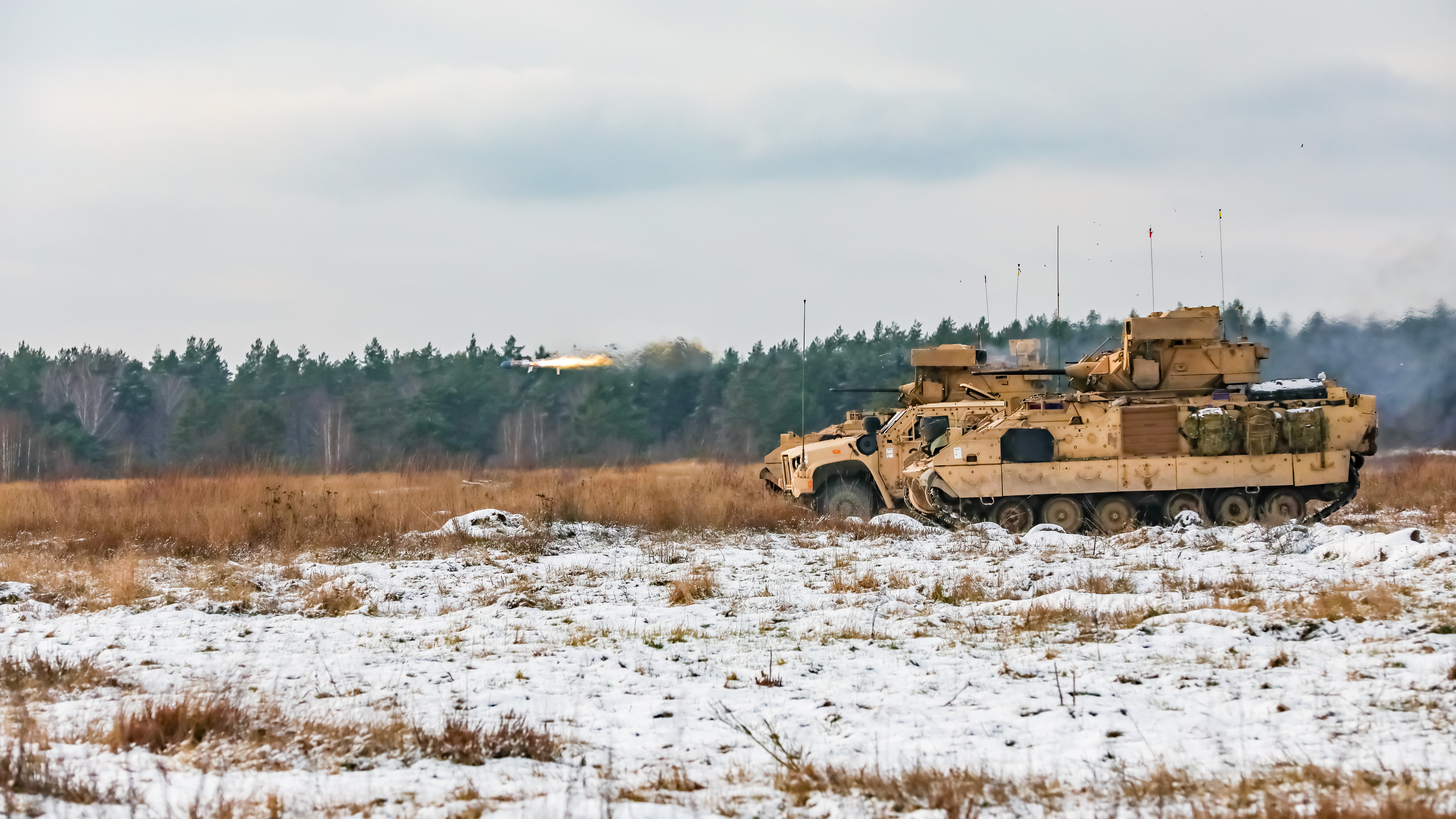 Missile fired from a M3 Bradley Fighting Vehicle during platoon live fire exercise in Poland 08122022 CREDIT US Dept of Def