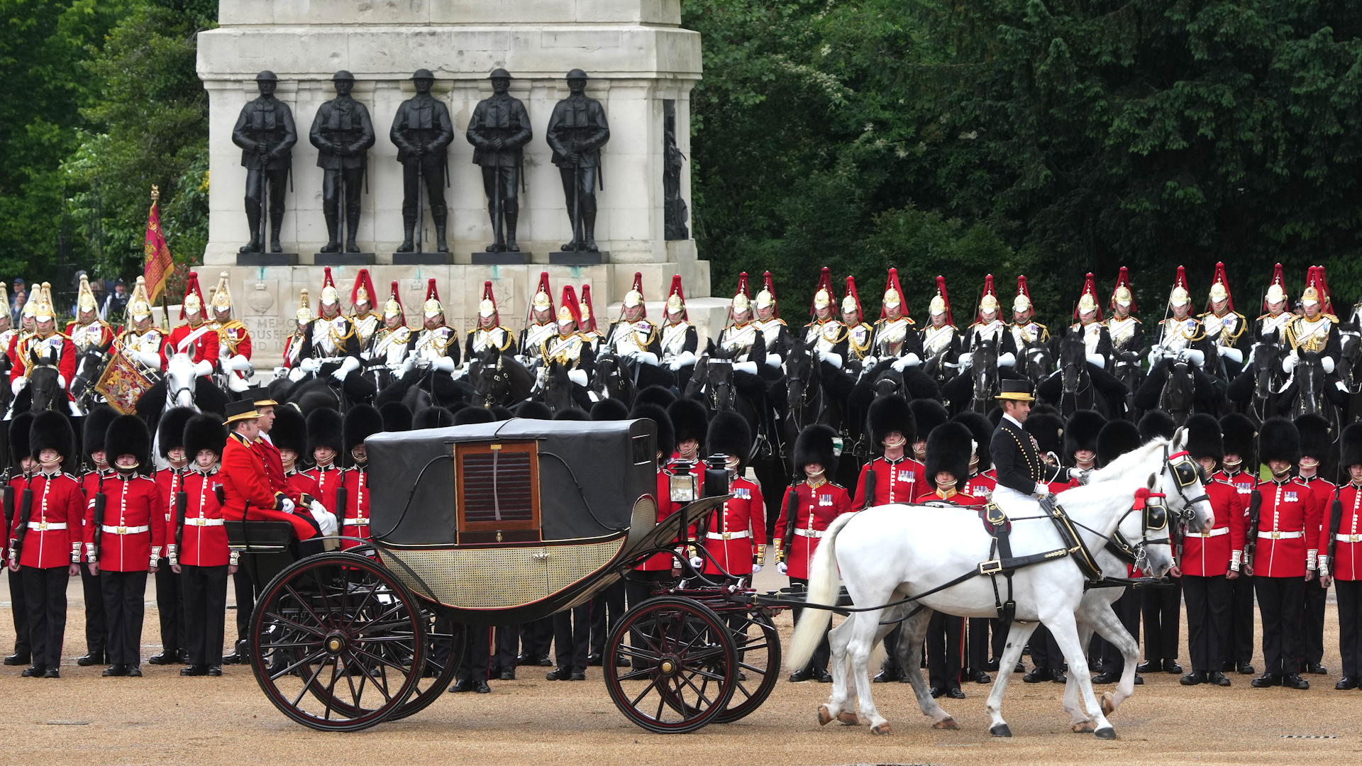 A mock-up of the royal carriage arrives at Horse Guards Parade
