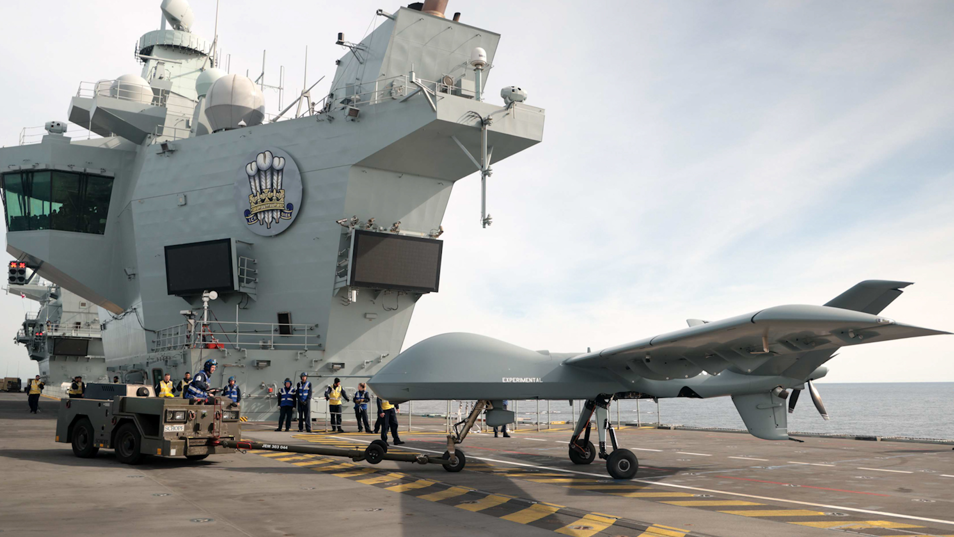 Mojave aircraft taken back to hangar following succesful trial on HMS Prince of Wales 17112023 CREDIT Royal Navy