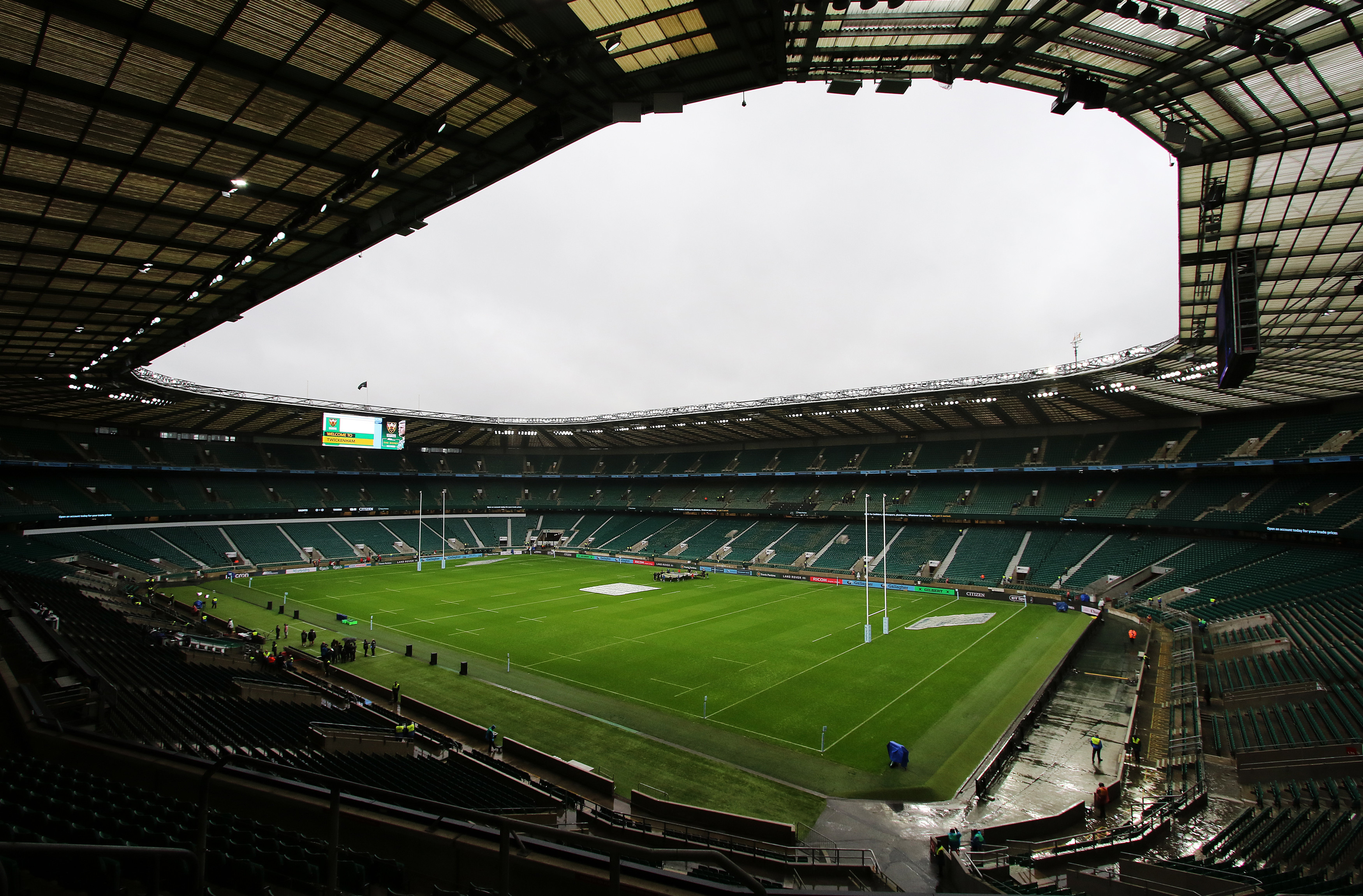 Mostly empty Twickenham Stadium and pitch