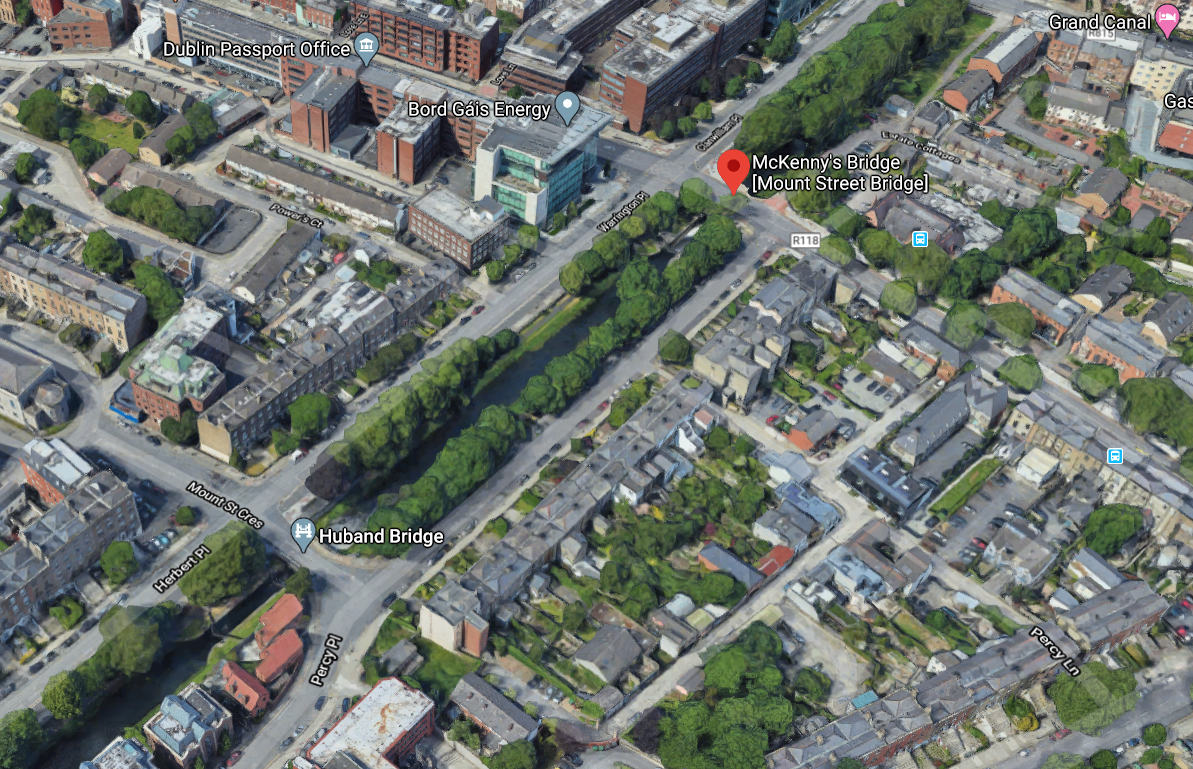 Mount Street Bridge in Dublin shown in 3D Google map