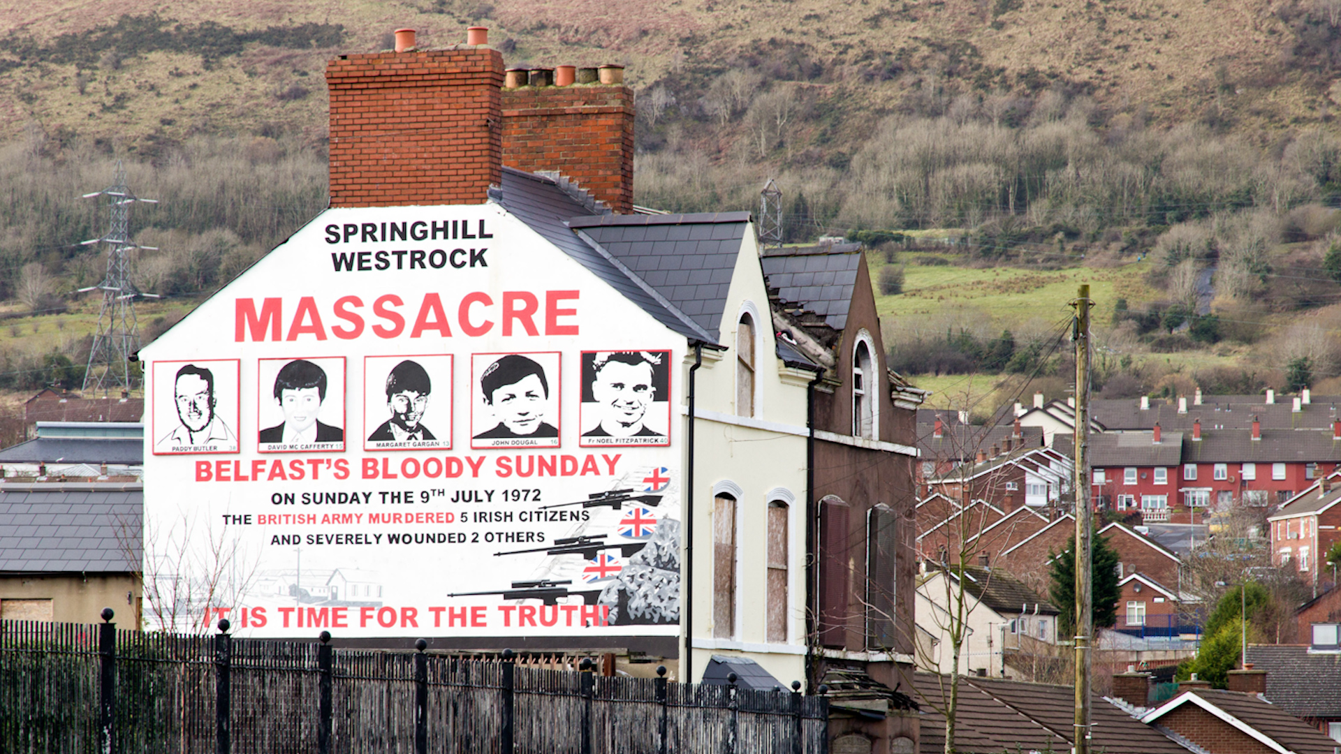 Mural of Springhill westrock massacre on Springfield Road in Belfast, Northern Ireland 09022014 CREDIT Alamy Stock Photo