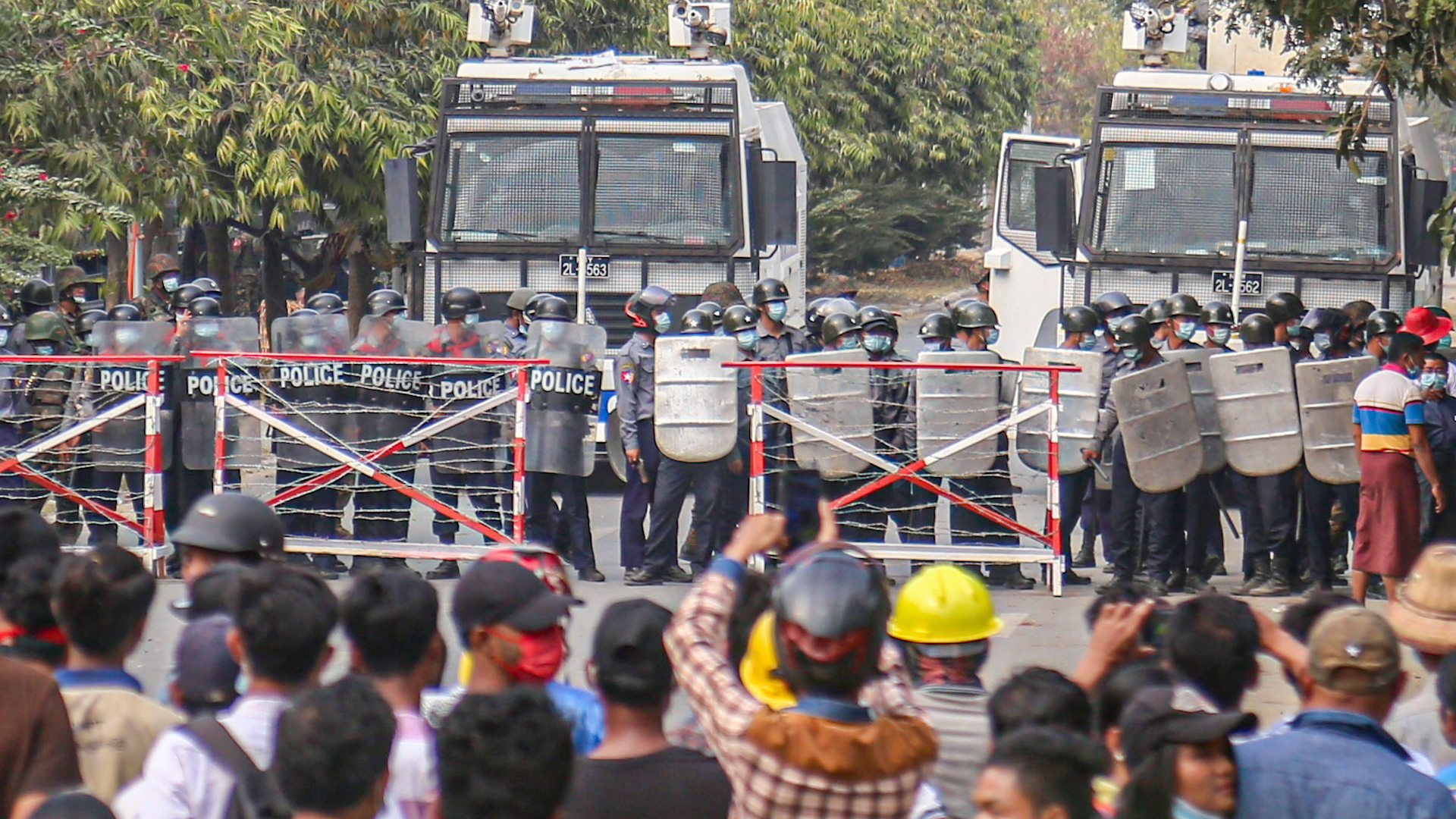 Myanmar Anti-military Coup Protesters In Front Of Police