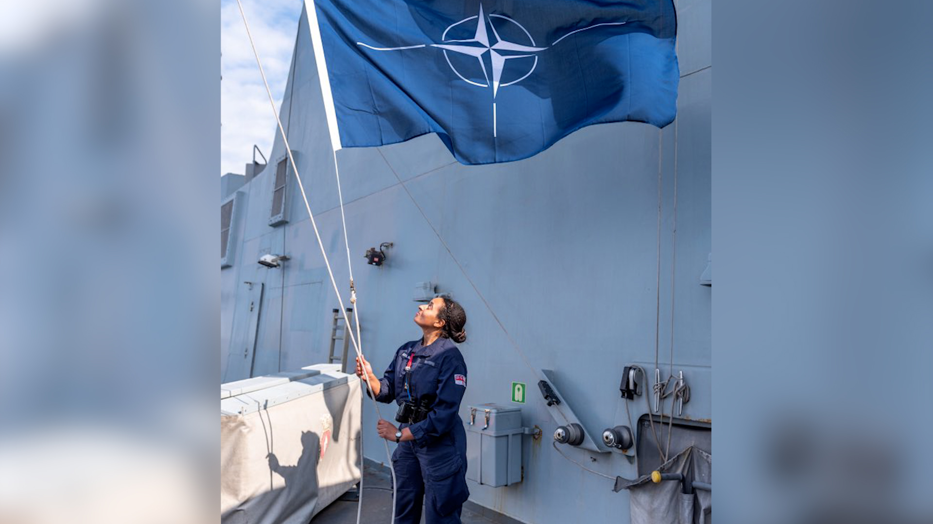 NATO's flag flying on HMS Diamond after the ship joined up with NATO partners and allies in the Mediterranean