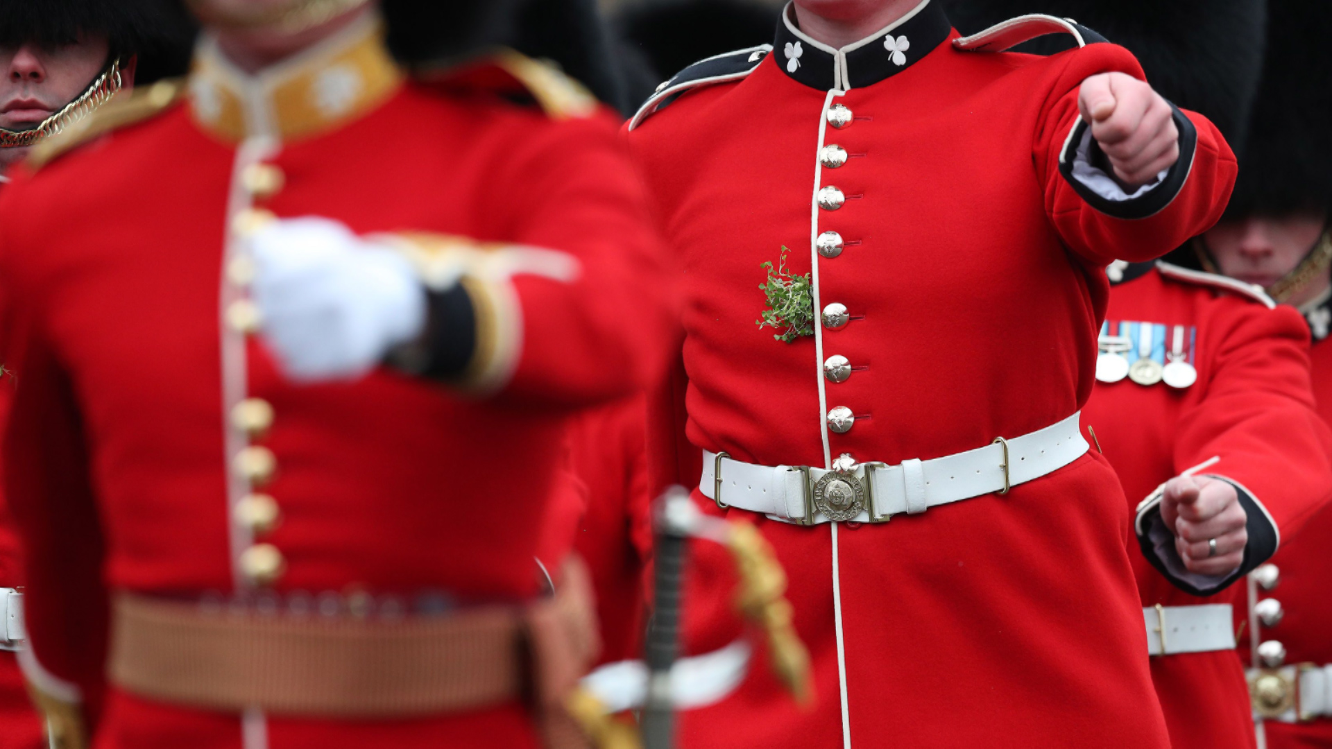 1st Battalion Irish Guards with shamrock on St Patrick's Day parade