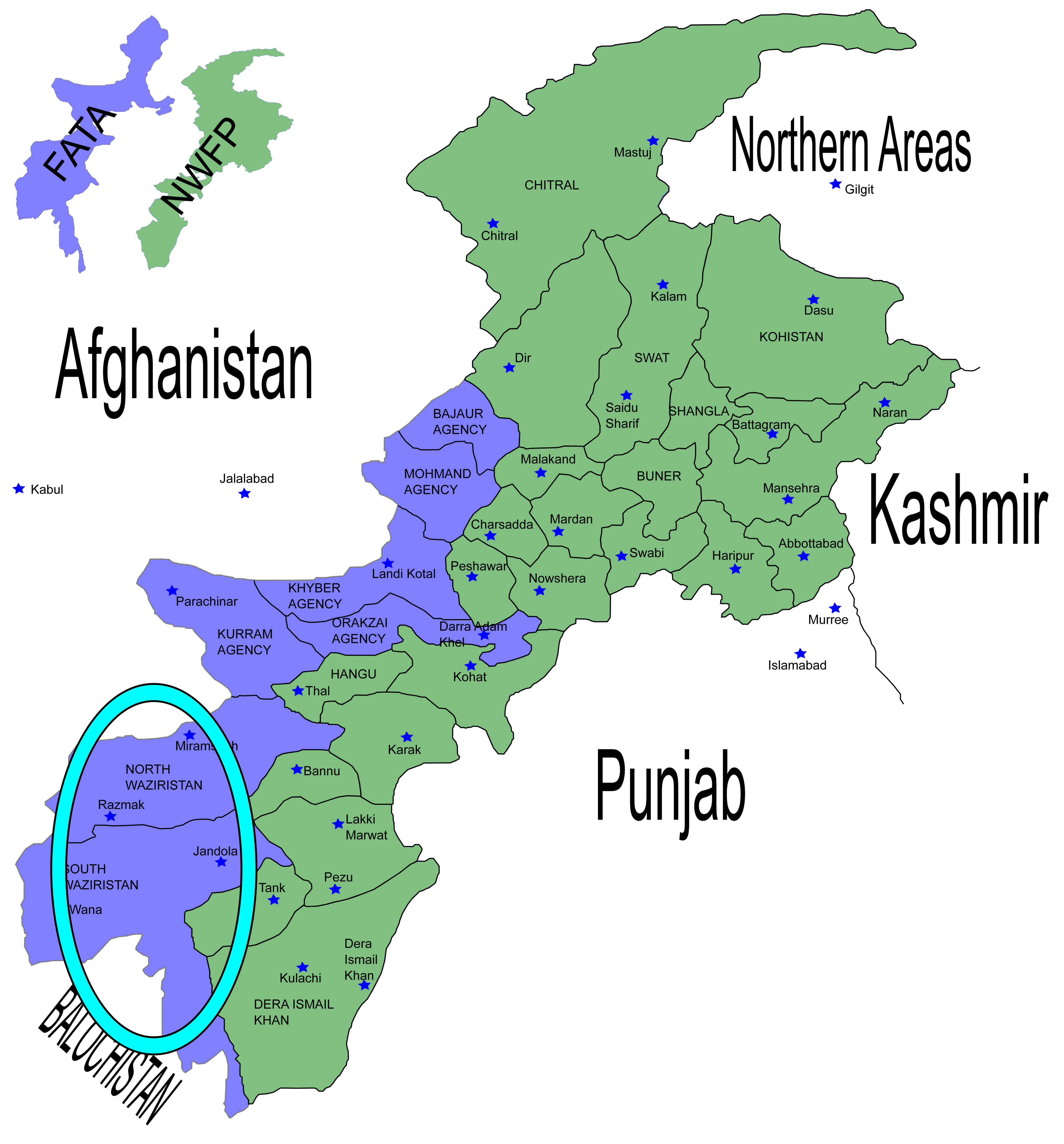 NWFP_FATA Pakistan boarding Afghanistan by Pahari Sahib with Wiziristan circled