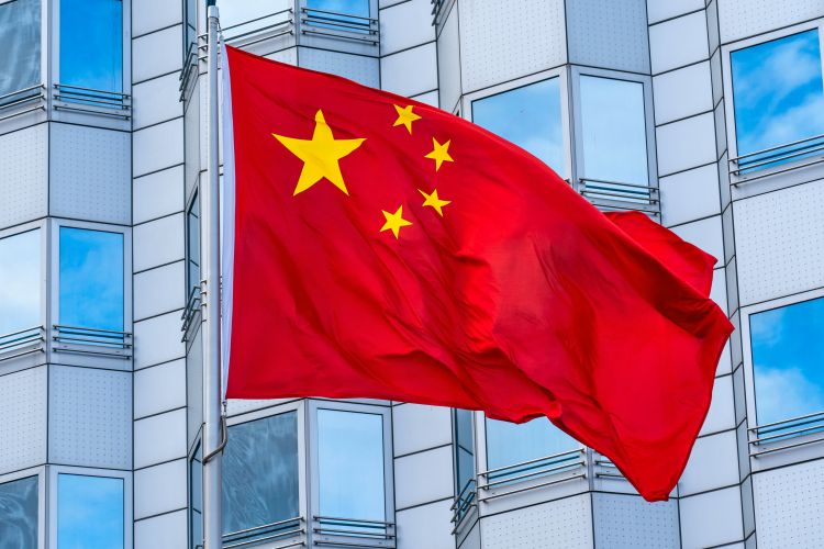 National flag of the People's Republic of China in front of the Chinese embassy in Berlin